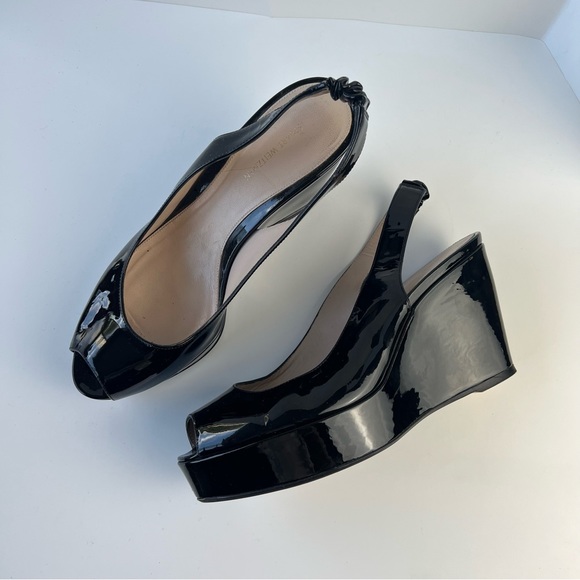 Stuart Weitzman Peep Toe Patent Leather Platform Slingback Wedges - Picture 4 of 12